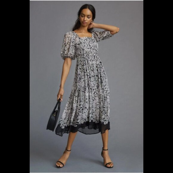 By Anthropologie Squareneck Smocked Midi Dress Floral Printed Ruffle XS 264555